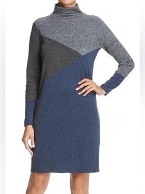 NIC+ZOE Color Block Dress Long Sleeve Gray & Blue Knit Sweater Dress Size S